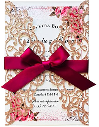 KUCHYNEE 20 pezzi Invito a nozze con pizzo Flora tagliato al laser, con bowknot bordeaux, inviti matrimonio fidanzamento incl Busta (Oro rosa glitter)