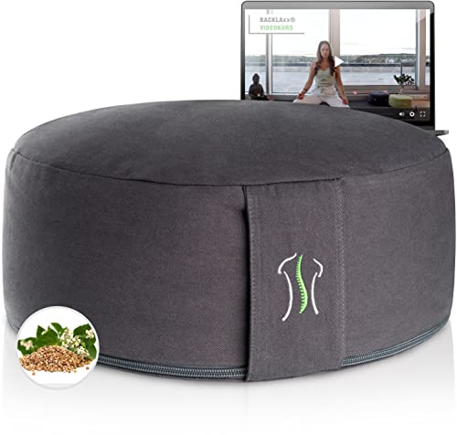 BACKLAXX ® Yoga Kissen, Meditationskissen XL 35cm [30% mehr Sitzfläche], 15cm hoch mit Buchweizenfüllung, perfektes Meditation Zubehör, Yogakissen rund inkl. Videokurs - Pouf Sitzkissen Boden