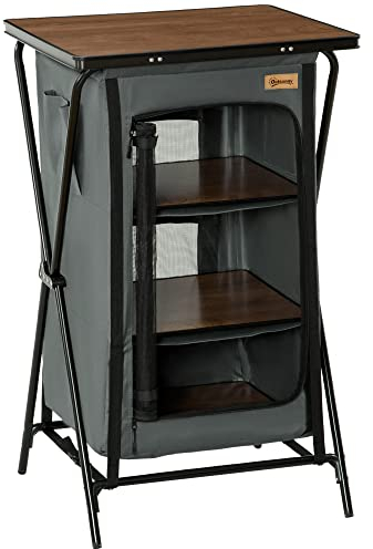 Outsunny Camping Cupboard, Aluminium Foldable Camping Kitchen Station Cook Table with Storage Shelves and Carrying Bag for BBQ Party Picnic Backyard