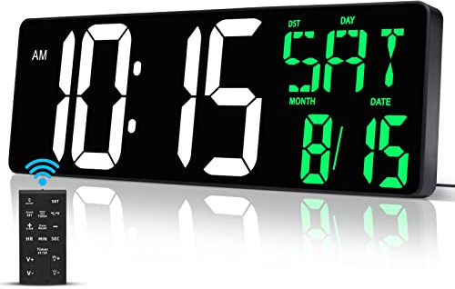 17 Inch Large Digital Wall Clock with Remote Control, Automatic Brightness Dimmer Digital Wall Clock Large Display with Day/Date/Temperature, Snooze, Count Up & Down Timer for Living Room, Office, Gym