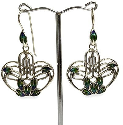 Art Nouveau Style Floral Enamel Earrings and Pendant Set 925 Sterling Silver (Earrings)