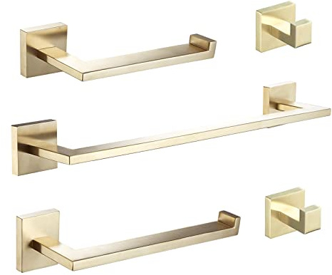 Set di accessori da bagno Beelee in oro - Set di hardware - Portasciugamani + anello porta asciugamani + supporto per carta igienica + 2 ganci per asciugamani, in acciaio inox SUS, montaggio a parete