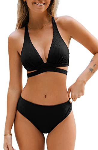 CUPSHE Conjunto de bikini para mujer con escote en V, abertura con lazos, cintura media, bañador texturizado de dos piezas, Negro , L