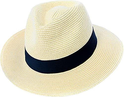 Mens or Womens Straw Fedora Hat Crushable Wide Brim Panama Hat Trilby Summer Cap (as8, Alpha, x_l, xx_l) Off-White