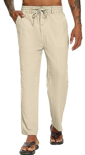 YAOBAOLE Leinenhosen Herren Lang Strandhose Herren Lang Herbst Hose Herren Lang Slim Fit Khaki L