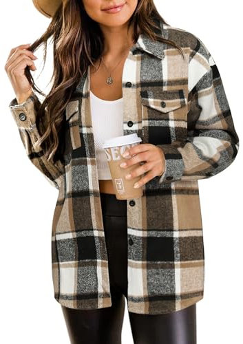 Zeagoo Bluse Damen Karierte Wollmischung Dicke Hemd Frauen Langarm Loose Hemdjacke Casual Braun L