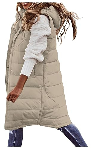 Kingkingma Chaleco largo acolchado para mujer, sin mangas, abrigo, ligero, de algodón, con capucha, chaqueta de invierno para mujer, 1-beige, XXL