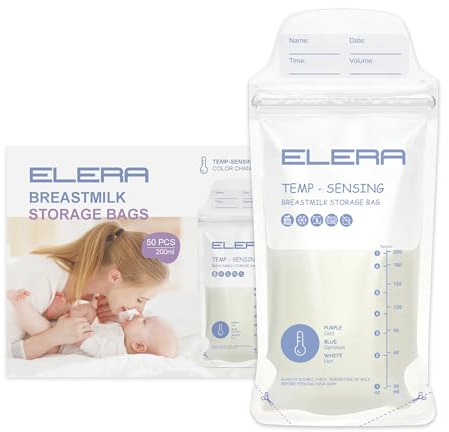 ELERA Temp-Sensing Muttermilch-Aufbewahrungsbeutel – 200 ml, BPA-frei, Einweg-Muttermilch-Sammelbeutel mit doppeltem Reißverschluss, auslaufsicher, Milch, Gefrierschrank, Aufbewahrungstasche, Stillen