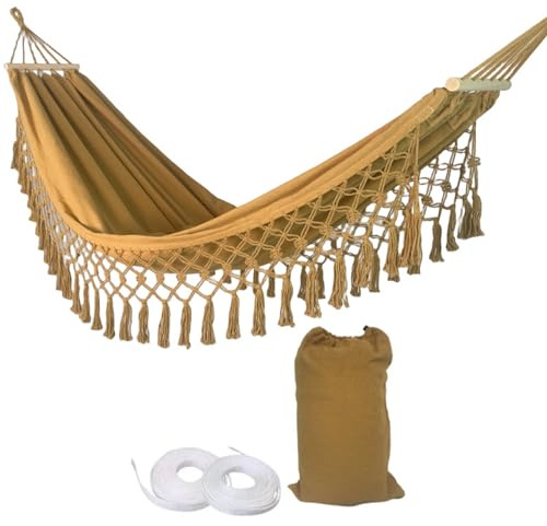 Pasdrucn Amaca per esterni, stile boho, per 2 persone, 200 x 100 cm, per esterni, amaca con telaio in legno, amaca per bambini, amaca da campeggio (beige)