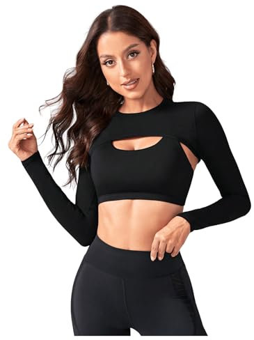 GORGLITTER Damen Super Crop Top Langarm T-Shirt Kurzes Top Sports Yoga Oberteil Rundkragen Tops Schwarz S