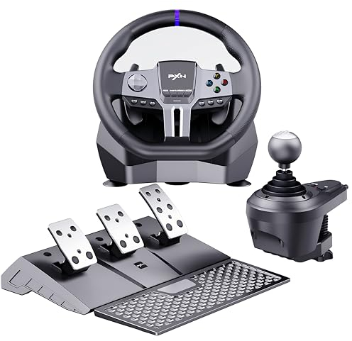 PXN V9 GEN2 Lenkrad PC mit Pedalen und Schaltung, Gaming Lenkrad mit Schaltwippen, Halleffekt-Pedal, 6+R-Schaltung, APP, Lenkrad for PS4, PS3, PC, Xbox Series X/S, Xbox One