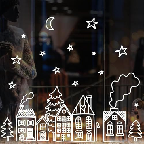 Wandtattoo Loft Immagini per finestre di Natale, serie di case, riutilizzabili, fogli A4, 44 adesivi, decorazioni natalizie, finestre per cameretta dei bambini, immagini natalizie, finestre invernali,