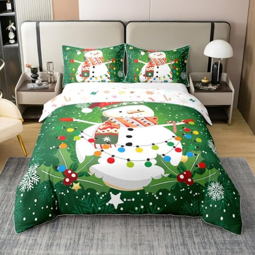 Homewish 100% Natürliche Baumwolle Kawaii Schneemann Tröster Abdeckung 155x220 Nette Santa Hut Bettwäsche Set Weihnachten Bunte Lichter Bettbezug Blumen Bett Set,Grün