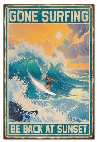 GLOBLELAND Plaque en Métal  Gone Surfing  pour L'Été Plaque en Métal Vintage en Forme de Vagues 12x8 pouce Décoration Murale Amusante pour la Maison la Ferme le Bar le Café le Club
