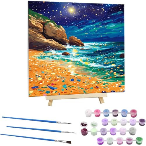 Peinture par Numero Adultes Fantastique plage de sable, - Avec Cadre - DIY Peinture Acrylique pour Adultes Enfants Débutants Facile sur Toile Avec Peintures et Pinceaux Decor Maison 70x70cm A-607