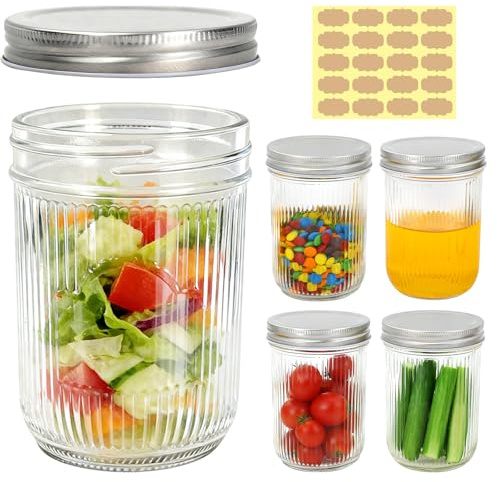 Acetiti 500ml/17 oz Glass Mason Jars with Silver Metal Lids, Set of 5 Vintage Wide Mouth Canning Jars with Labels for Overnight Oats, Food Storage, Jam, Honey, Pickling (500ml-Vertical Stripes)