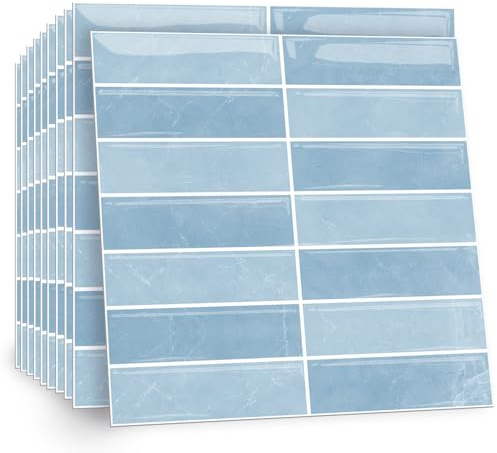 TOARTi 10 Sheets 2D Self Adhesive Wall Tiles,12×12inch Stick On Wall Tiles Kitchen Splashbacks for Walls,Sky Blue Tile Stickers Peel and Stick Backsplash Splashback Decals Tile