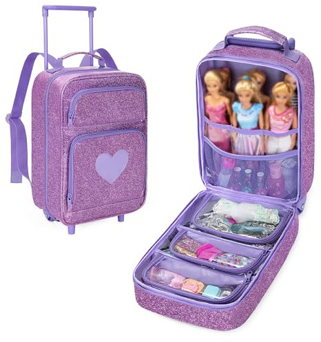 LoDrid Travel Backpack Compatible with Barbie Dolls 12-inch, Doll Carrying Case with Wheels, Suitcase Storage Organizer with Multiple Pockets for Doll Clothes and Accessories, Purple, Bag Only