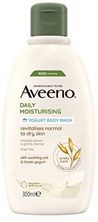 Aveeno Jabón corporal de yogur hidratante diario (1 x 300 ml), lavado suave con avena coloidal calmante y yogur griego probiótico, aroma a albaricoque y miel para pieles sensibles y secas