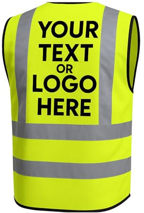 Kuest Personalised Printed Hi Vis Vest – Customised Hi Viz High Visibility Reflective Safety Waistcoat for Work, Security & Outdoor Use, Lightweight and Durable, EN ISO 20471 Certified (Yellow, Large)