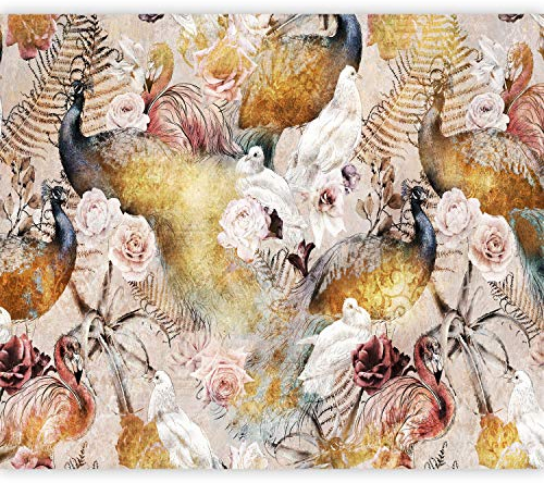 murando Fototapete selbstklebend Blumen 441x315cm Foto Tapete Tapetenfolie Möbelfolie Wandverkleidung Wandtapete Motivtapeten Bildtapete Schlafzimmer 3d Effekt Pfau Tier Farn Vintage Retro bunt