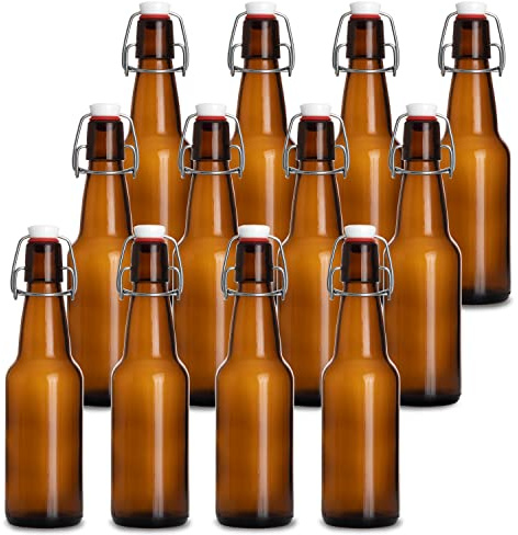 Barcaloo 12oz Flip Top Amber Glass Beer Bottles for Home Brewing - Set of 12 with Flip Caps for Beer and Wine Bottling - Family Owned American Business