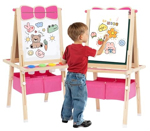 Siairo Lavagna per bambini, Lavagna con Cavalletto Bambini in legno, Disegno dell'arco regolabile in altezza, per bambini, con Rotolo di carta Giocattoli Educativi 3+ Anni (Rosa)