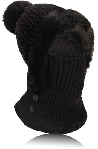 TAGVO Winter Warm Strickmütze Halswärmer-Sets, Damen Wintermütze Flexible Strickmütze mit Haarball, Balaclava Sturmhaube Weiches, Dickes Fleece gefüttert, Verstellbare Gesichtsmaske für Frauen