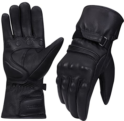 Harssidanzar Men Motorcycle Gloves Winter Genuine Leather Full Finger Touchscreen Thermal Lined with Thinsulate Waterproof Motorcycles Motorbike Riding Gloves KM048,Black, Size XS