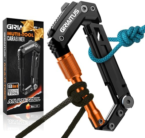 Karabiner Multitool mit Taschenmesser Säge Seilschneider Schraubendreher Dosen Flaschenöffner Lineal Klappmesser für Camping und Wandern (Orange)