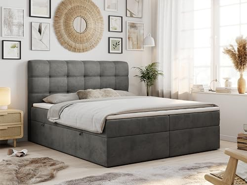 MKS MEBLE Boxspringbett 160x200 mit Matratze, Bett 160x200 mit Multipocket - Matratze H4 und Topper, Polsterbett 160x200 mit Bettkasten und Kopfteil, Fast - Gray Monolith