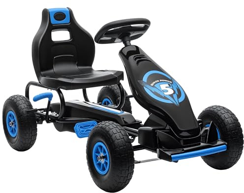 HOMCOM Go Kart a Pedales para Niños Karts para Niños con Asiento Ajustable Amortiguador Freno de Mano y 4 Neumáticos Inflables Carga 50 kg 121x58x61 cm Azul