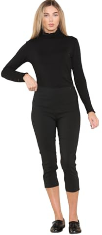 WearAll Cropped Trousers for Women UK Ladies Capri Trouser Summer Pants Short Crop Stretch 3/4 Length Three Quarter Pedal Pusher Clothes Elasticated Bengaline Cut Off Black 16