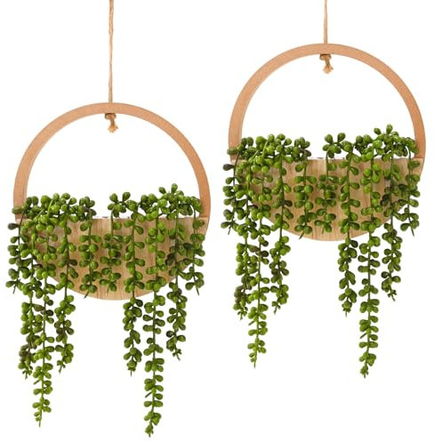 Hobyhoon Hängende Pflanze, künstliche Sukkulenten, künstliche Perlenschnur, Pflanzen, 31,8 cm, im Holztopf für Innen- und Außenbereich, Wanddekoration