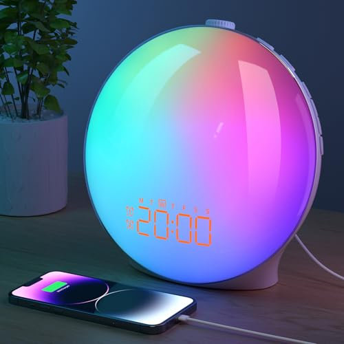 MRDEER Wake Up Light, Luce Sveglia da Comodino con Simulazione dell'Alba e Tramonto, Luce Notturna LED con FM Radio Funzione snooze, Luce Sveglia Digitale per 7 Suoni Natura e 18 Colori