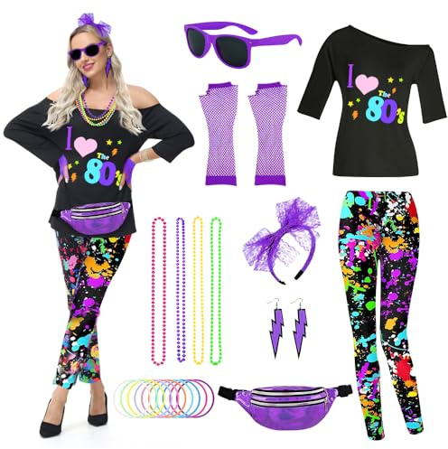 TOLOYE Deguisement Annee 80 Femme avec Accessoires Fluo, Disco Hippie, Vêtement Rétro T-shirt Pantalon Sac Banane pour Cosplay Carnaval