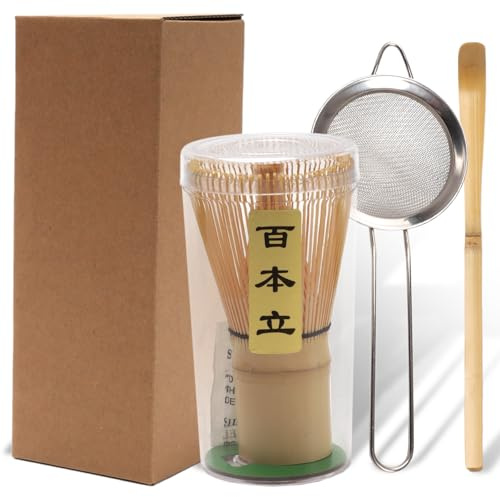 3PCS Matcha Tea Whisk Set, Tea Steeper Stirring Matcha Kits, Handmade Matcha Whisk (Chasen), Matcha Scoop,Stainless Steel Sifter