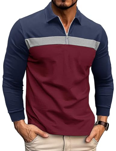 Volemo Men's Zip Polo Shirt Long Sleeve Golf Rugby Shirt | 1/4 Zip Polo , Raglan Stlyle, Contrast Colors, Collared Neck, Regular Fit, Casual & Golf T-shirt, S-2XL