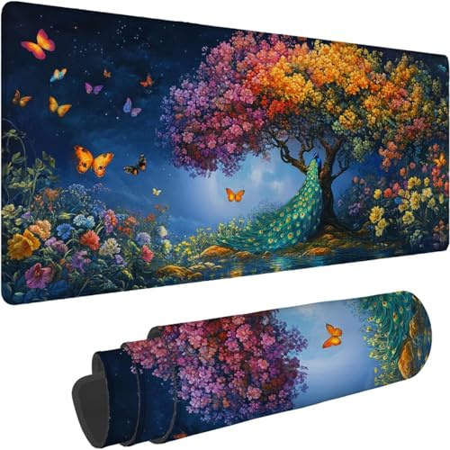 Mouse Mat 1400 x 700 x 3mm Large Mouse Mat Non Slip Rubber Base, Soft Textured Surface with Stitched Edges, Waterproof Desk Mat for PC, Laptop, Laser Mice for Office, Color Tree Printing xn-136