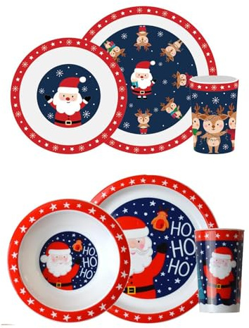 YöL 6 Piece Kids Christmas Dinner Set - Plastic Plate Bowl Cup Food Drink Breakfast Lunch Dining Table - Santa Reindeer Red Blue Snowflake Design Baby Toddler
