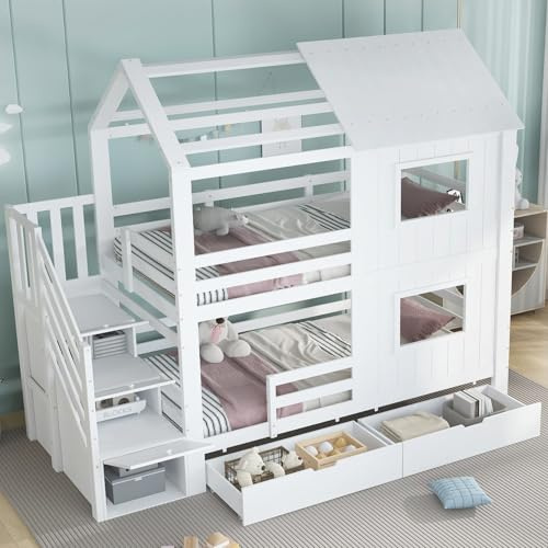 PUGSDRLY Lit Superposé Enfant 90x200cm,Lit Cabane Enfants avec Tiroirs de Rangement,Armoires D'escalier,Barrières Hauts,Sommier à Lattes Solide,pour Enfants Adolescents(Blanc 2)
