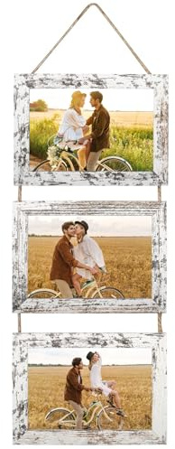 Gykutix Portafoto da Parete 13x18 cm, Set Cornici Foto Multiple da Parete con Corda, Portafoto Multiplo Decorativo a Collage per Soggiorno, Camera da Letto e Ufficio, Bianco Invecchiato