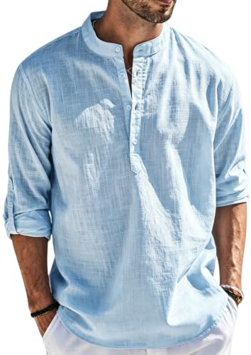 Cegerne Camicia Lino Uomo Maniche Lunghe Estiva Leggera Traspirante Henley Casual Maglietta Casacca Vacanze Spiaggia, Blu, L