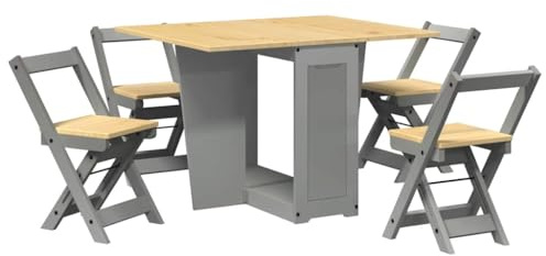Plumbpyr Set da pranzo Corona, 5 pezzi, con farfalla, in legno di pino grigio, allungabile, pieghevole, con 4 sedie, salvaspazio, per sala da pranzo, soggiorno, piccolo gruppo da pranzo, versatile e