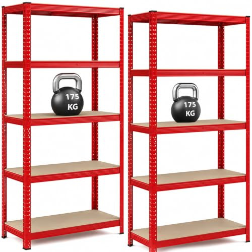 Garage Shelving Units,5 Tier Shelving Unit Garage Shelves Storage Shelf Heavy Duty Shed Storage Racking Shelf Metal Boltless for Warehouse Workshop Office (Red, 2pack-90X40X180)