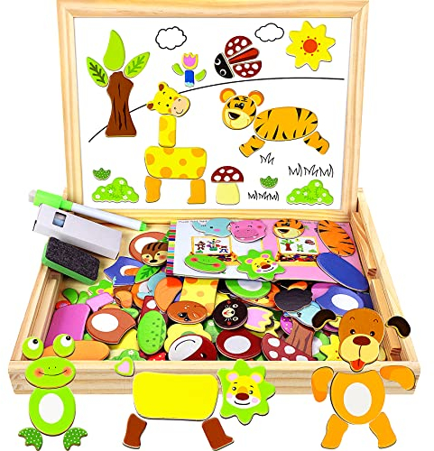 COOLJOY Holzpuzzle Magnetisches Tafel Holzbrett Doodle 100 Stücke Rahmenpuzzles für ab 3 4 Jahre Kinder Jungen und Mädchen Wald and Tier