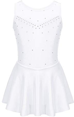 inlzdz Vestido Patinaje Artistico Maillot para Niña Traje Deportiva Elástica de Patinaje Maillots de Danza Ballet con Falda Irregular Blanco 14 años