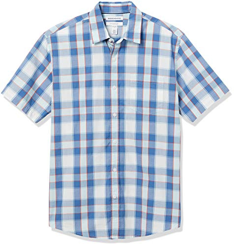 Amazon Essentials Men's Regular-Fit Short-Sleeve Poplin Shirt, Blue Checked, S
