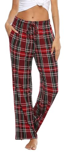 Vlazom Pantalon de Pyjama Femme Bas de Pyjama Femmes à Carreaux Pantalon de Nuit avec Poches，Vin Rouge，L