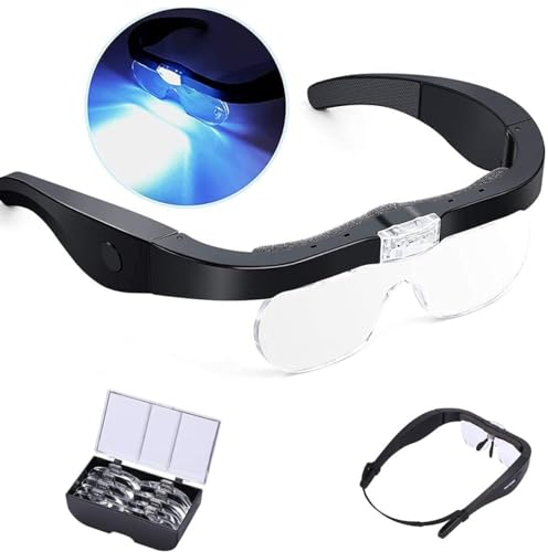 Kopflupe mit 2 LED-Lichtern, per USB wiederaufladbar, LED-Lupe, freihändig für Hobbys, Lesen, Handwerk, Naharbeit, 4 abnehmbare Linsen, 1,5-Fach, 2,5-Fach, 3,5-Fach, 5-fache Vergrößerung